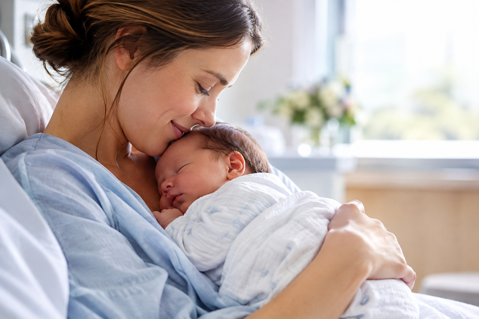 Mor som holder sin sovende nyfødte baby